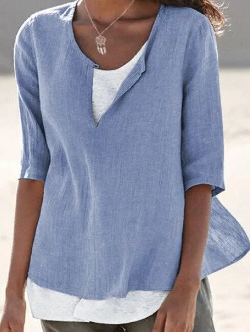 Women's Knit Layered Tunic V-Neck Loose Fit Blouse