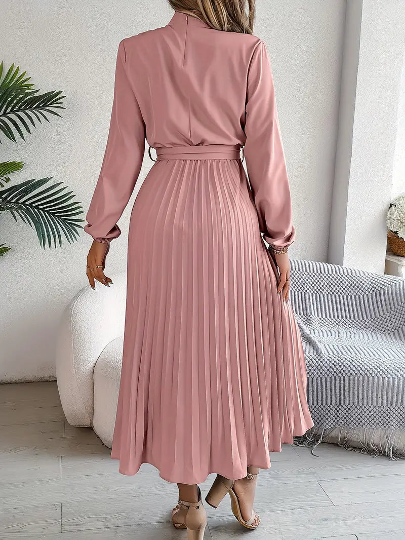 Women's Pleated Midi Dress Long Sleeve Summer Tie Waist