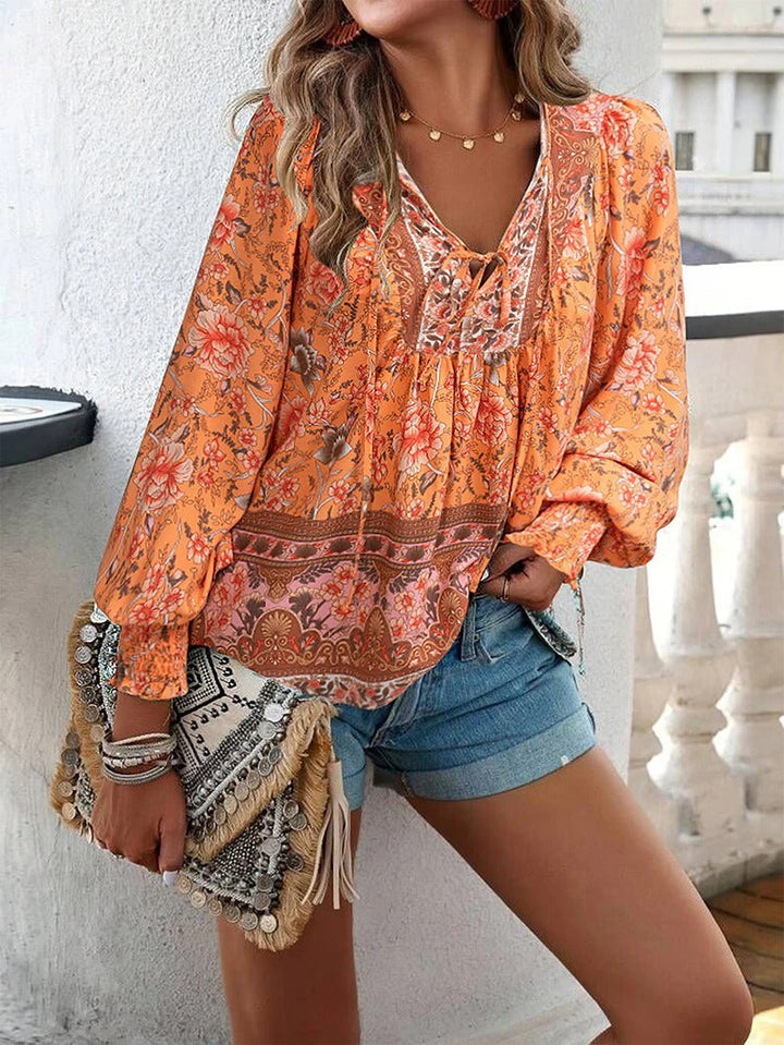 Cotton Floral Print Blouse Ruffled Cuffs Long Sleeve Top Lightweight For Women