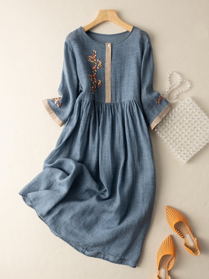 Midi Dress Cotton Linen Embroidered Summer Tunic Dress for Women