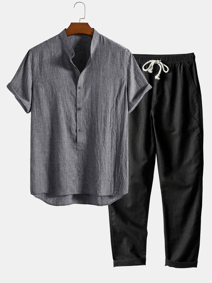 Men's Relaxed Fit Short Sleeve Shirt and Drawstring Trousers Set