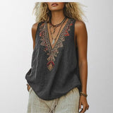 Linen Blend Boho Embroidered Sleeveless Tank Top Summer For Women
