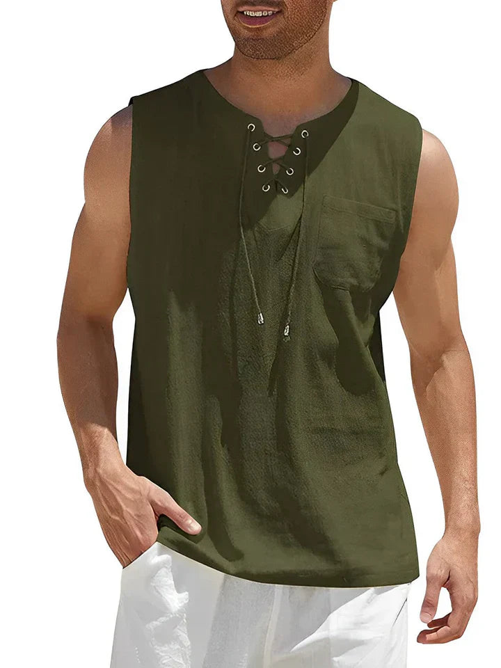 Men's Lace-up Knit Sleeveless Henley Shirt Loose Fit Casual Top