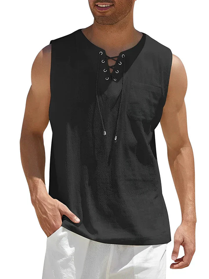Men's Lace-up Knit Sleeveless Henley Shirt Loose Fit Casual Top