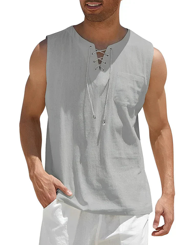 Men's Lace-up Knit Sleeveless Henley Shirt Loose Fit Casual Top