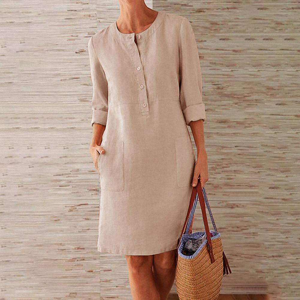 Women's Shift Dress Summer Fashion Breathable Cotton Linen Casual Mid-Length Gown