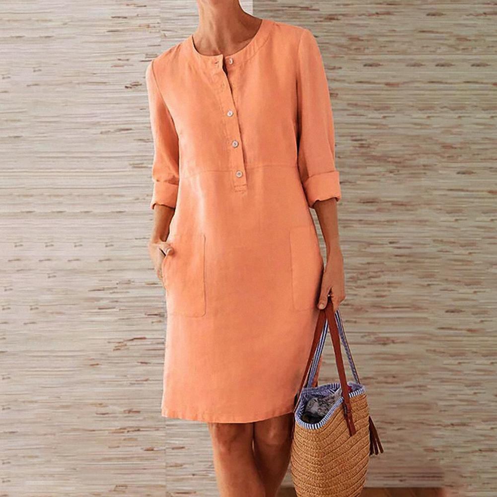 Women's Shift Dress Summer Fashion Breathable Cotton Linen Casual Mid-Length Gown