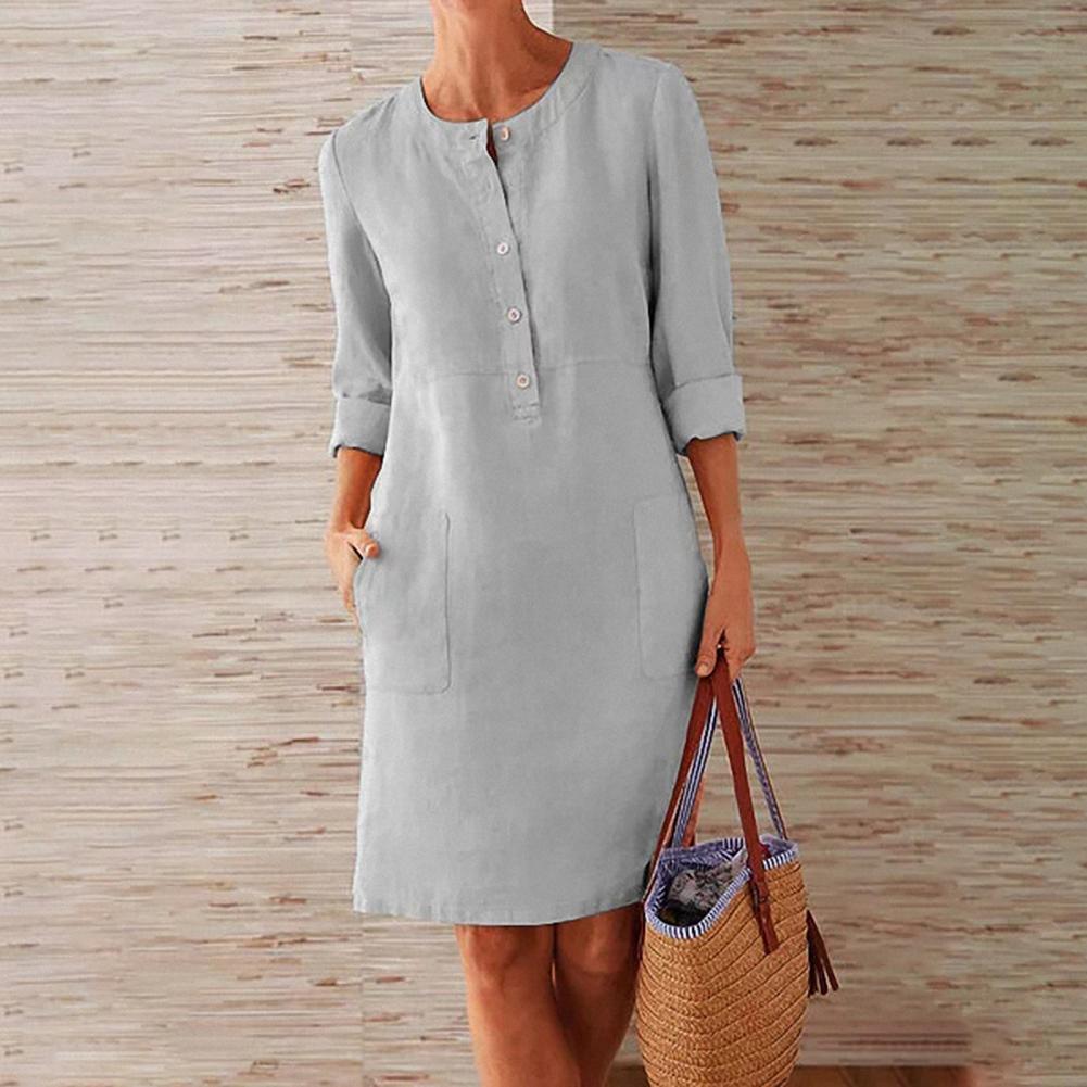 Women's Shift Dress Summer Fashion Breathable Cotton Linen Casual Mid-Length Gown