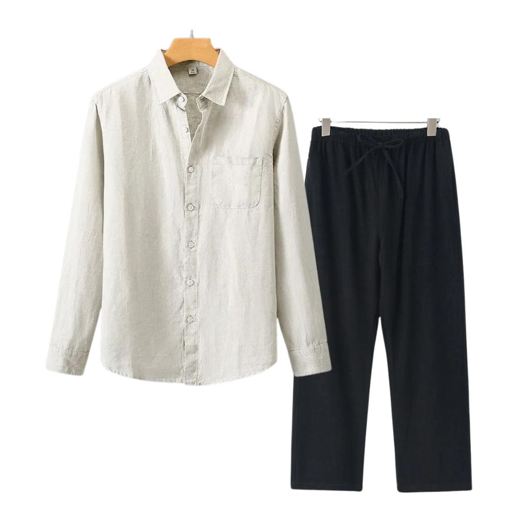Men's Linen Shirt and Pants Set Summer Fashion Breathable Cotton Linen Outfit Set