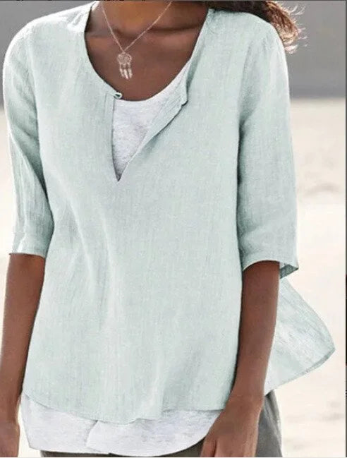 Women's Knit Layered Tunic V-Neck Loose Fit Blouse