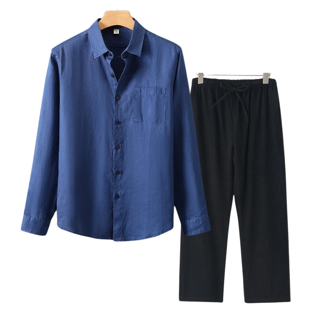 Men's Linen Shirt and Pants Set Summer Fashion Breathable Cotton Linen Outfit Set