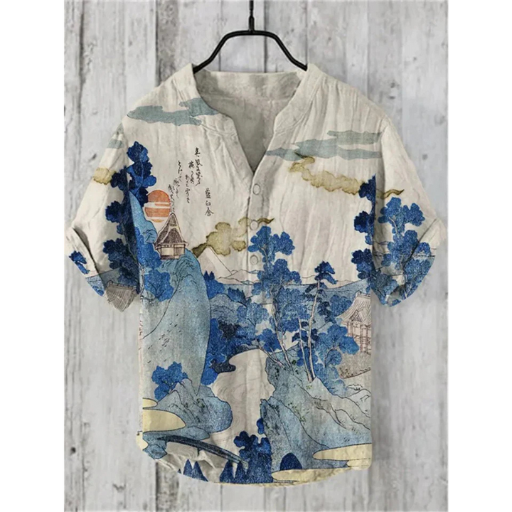 Men's Cotton Short Sleeve Henley Shirt Graphic Summer Printed Top