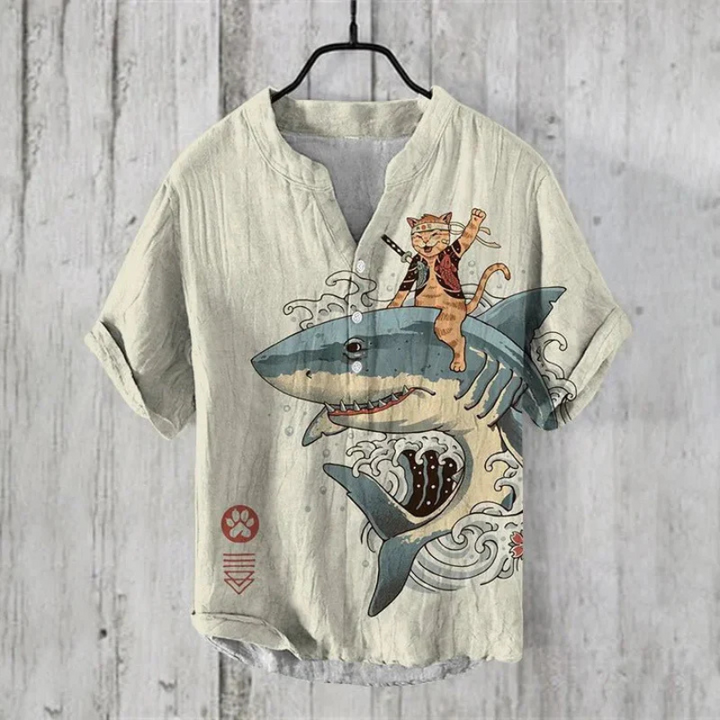 Men's Cotton Short Sleeve Henley Shirt Graphic Summer Printed Top