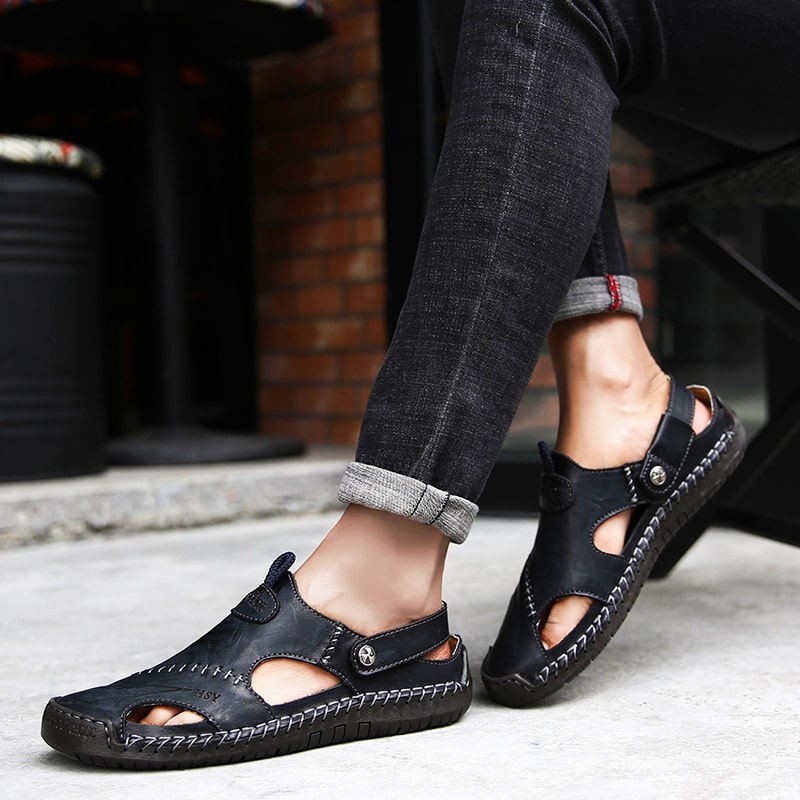 Men's Leather Summer Sandals Closed Toe Fisherman Shoes