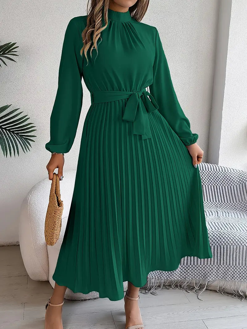 Women's Pleated Midi Dress Long Sleeve Summer Tie Waist