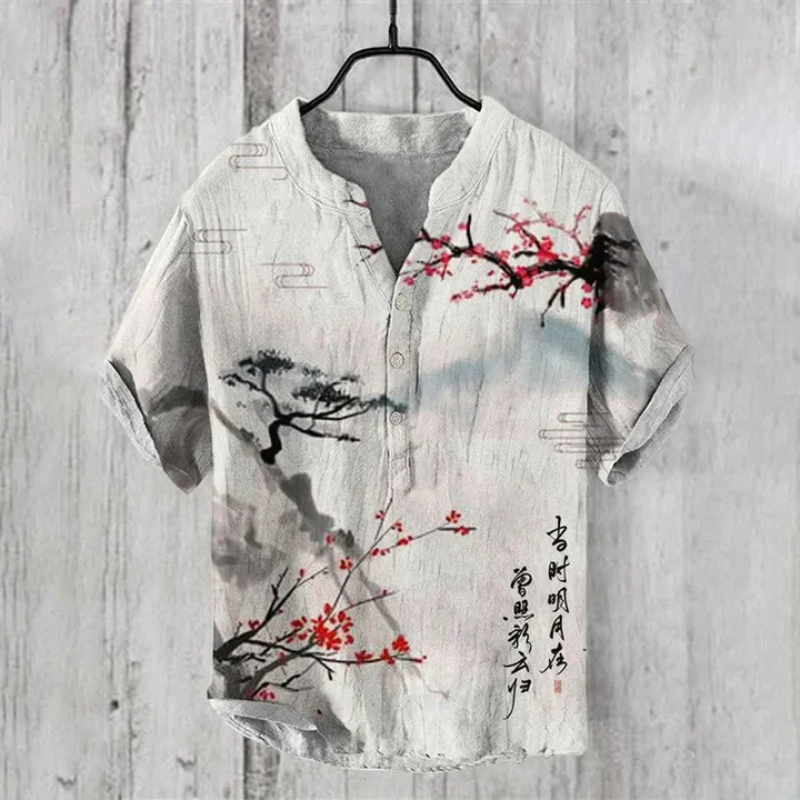 Men's Cotton Short Sleeve Henley Shirt Graphic Summer Printed Top