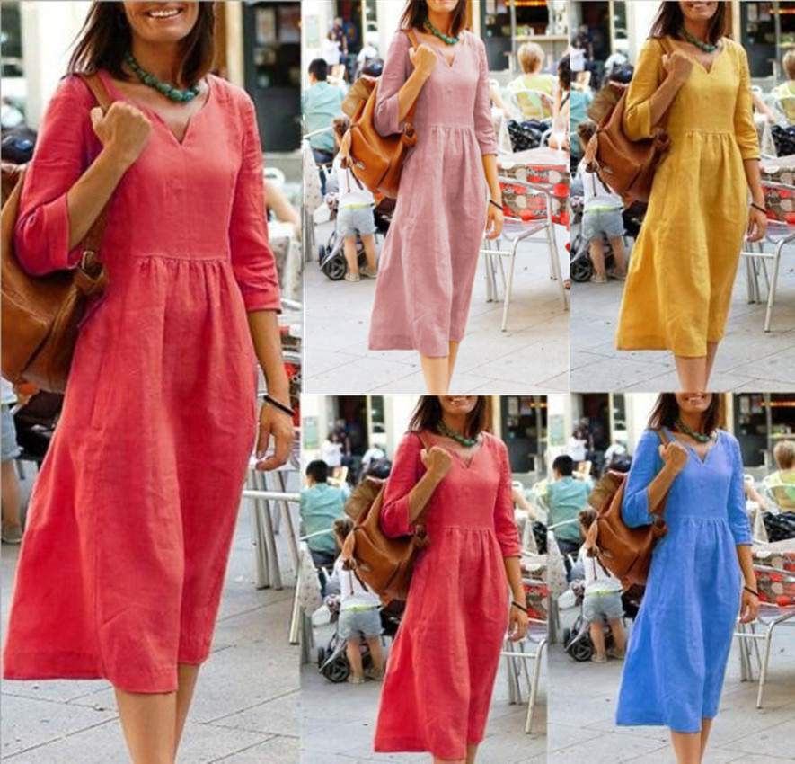 Women's Dress Summer Fashion Breathable Cotton Linen Casual Mid-Length Gown