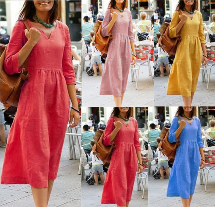 Women's Dress Summer Fashion Breathable Cotton Linen Casual Mid-Length Gown