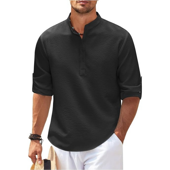 Men's Linen Henley Shirt Casual Lightweight Roll Up Sleeve Top