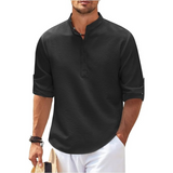 Men's Linen Henley Shirt Casual Lightweight Roll Up Sleeve Top