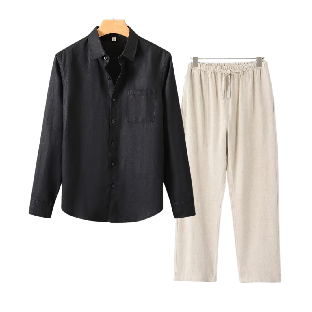 Men's Linen Shirt and Pants Set Summer Fashion Breathable Cotton Linen Outfit Set