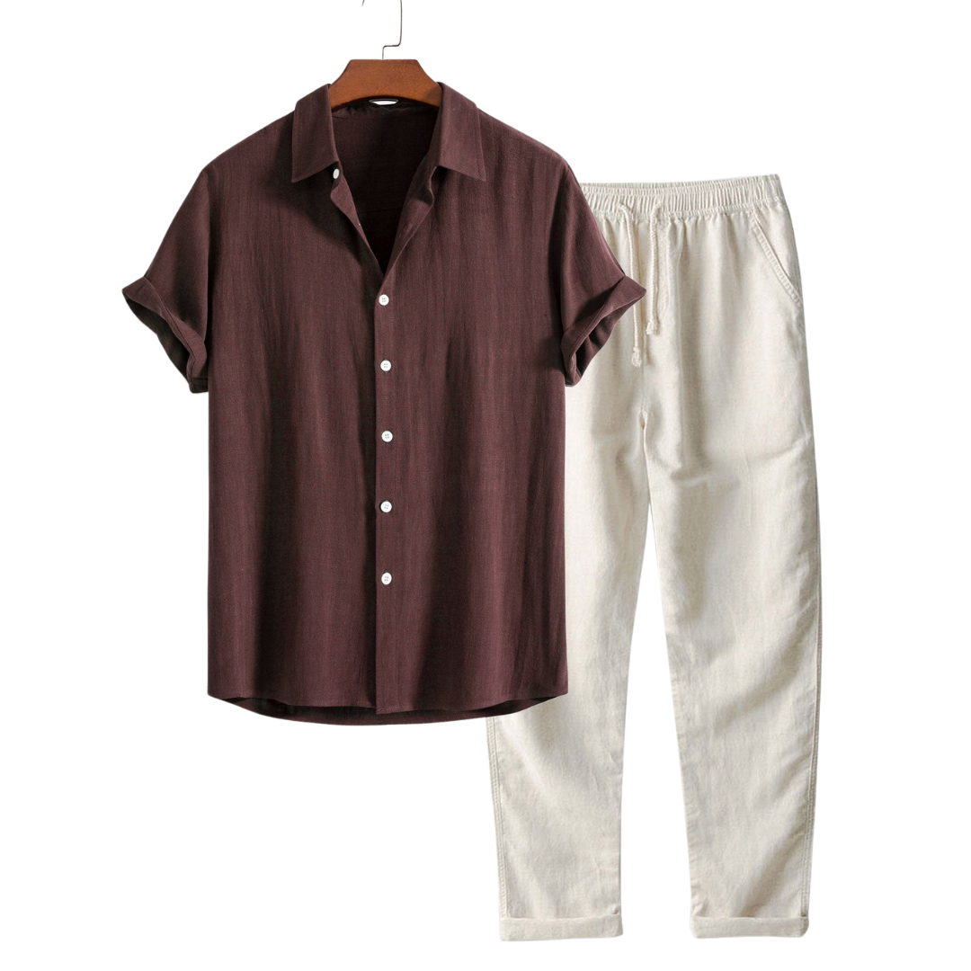 Men's Knit Shirt and Trousers Set Relaxed Fit Lightweight Two-Piece Outfit