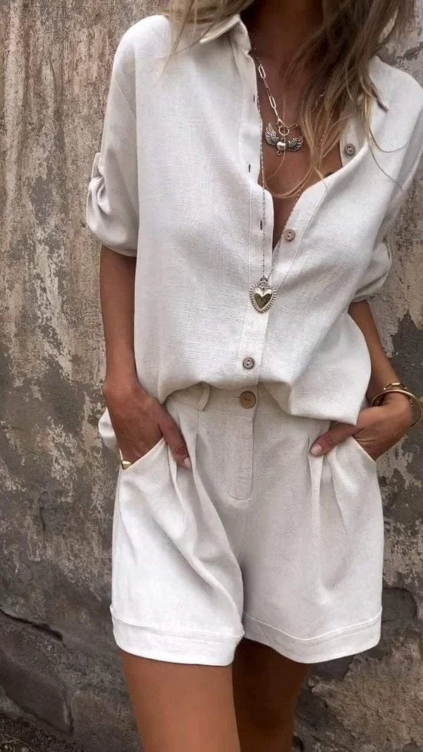 Linen Blend Two Piece Button Up Shirt and Shorts Lounge Set Summer For Women