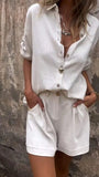 Linen Blend Two Piece Button Up Shirt and Shorts Lounge Set Summer For Women