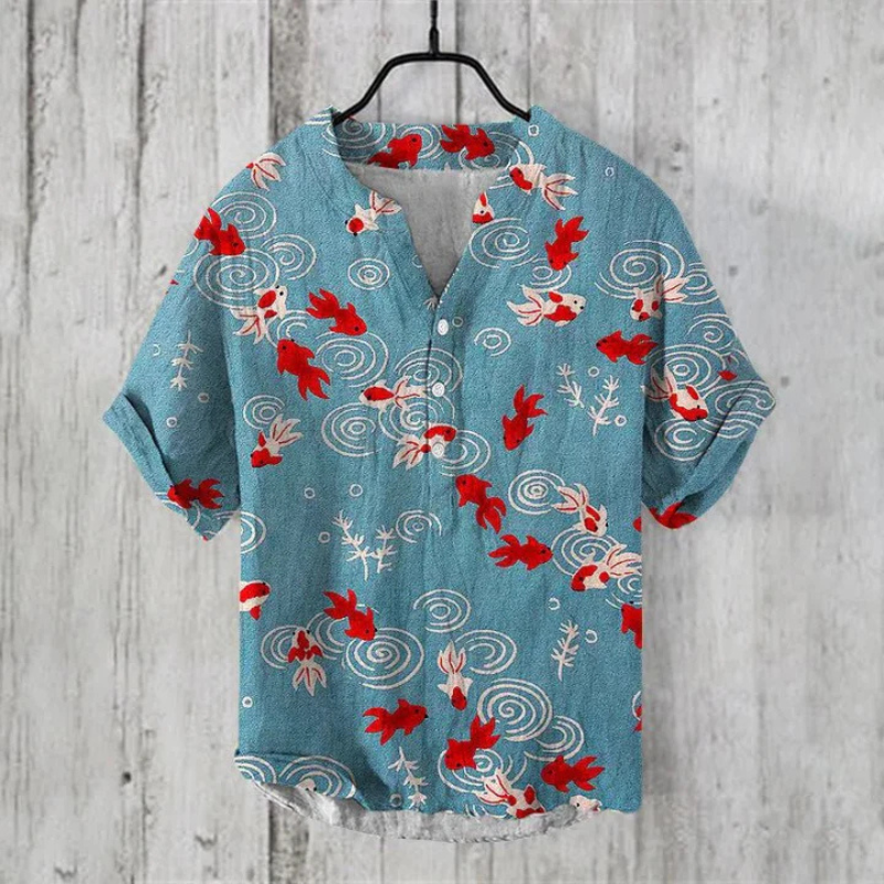 Men's Cotton Short Sleeve Henley Shirt Graphic Summer Printed Top
