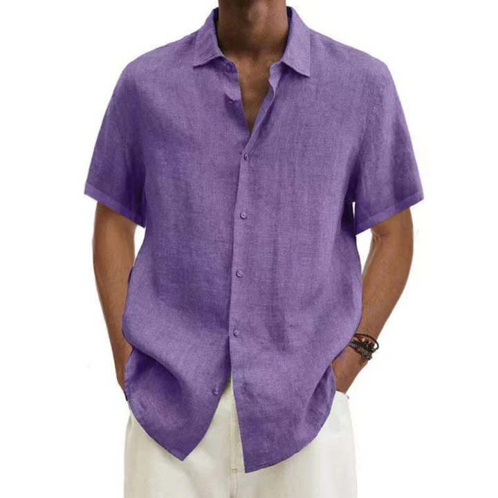Short Sleeve Cotton Linen Shirt for Men Casual Summer Button Down