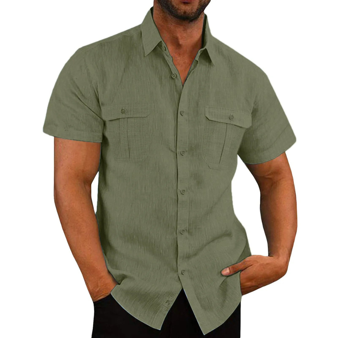 Men's Casual Linen Blend Short Sleeve Button Down Safari Shirt