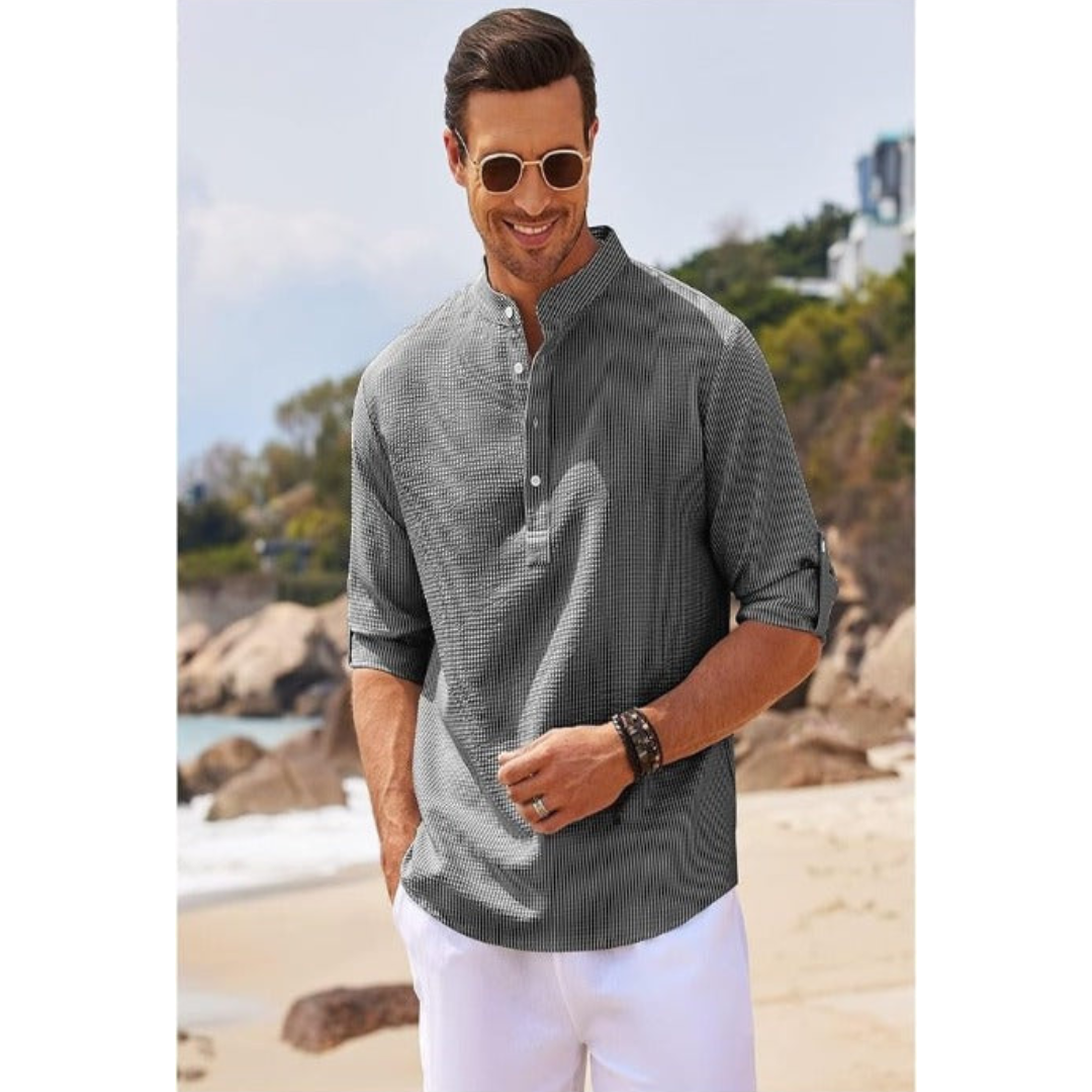 Men's Linen Henley Shirt Casual Lightweight Roll Up Sleeve Top