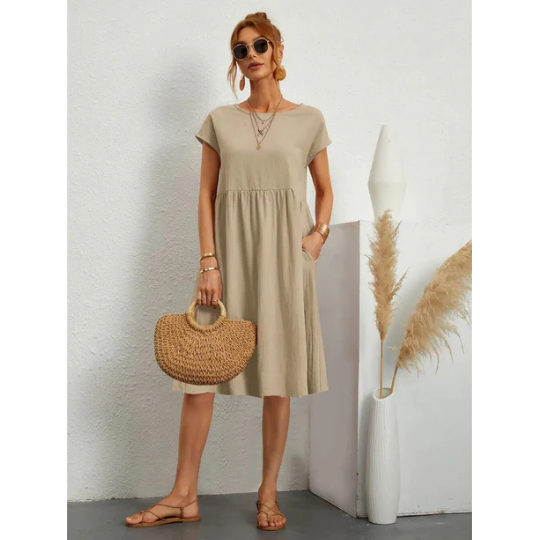 Smock Dress Women's Short Sleeve Linen Blend Casual A-Line Tunic