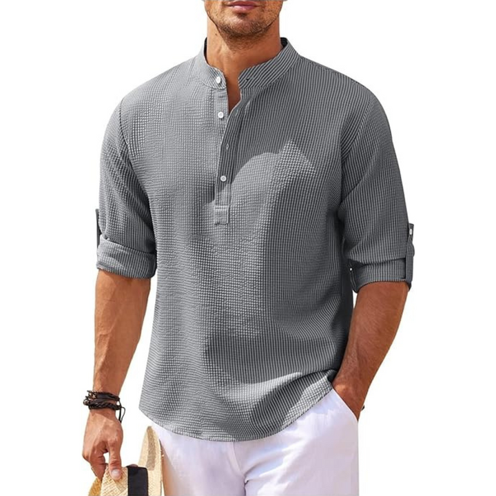 Men's Linen Henley Shirt Casual Lightweight Roll Up Sleeve Top