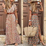 Women's Chiffon Floral Print V Neck Maxi Dress