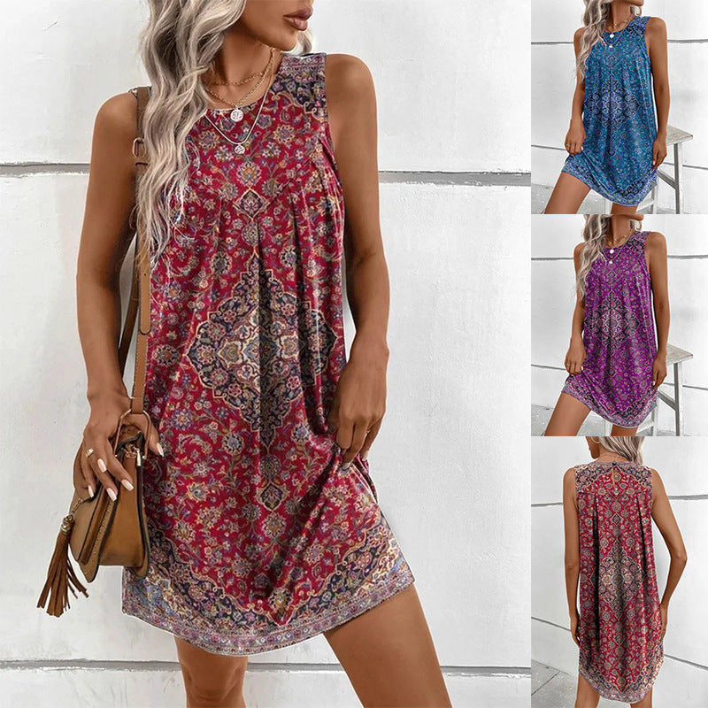 Women's Boho Mini Dress Summer Fashion Breathable Cotton Linen Vintage Print Gown