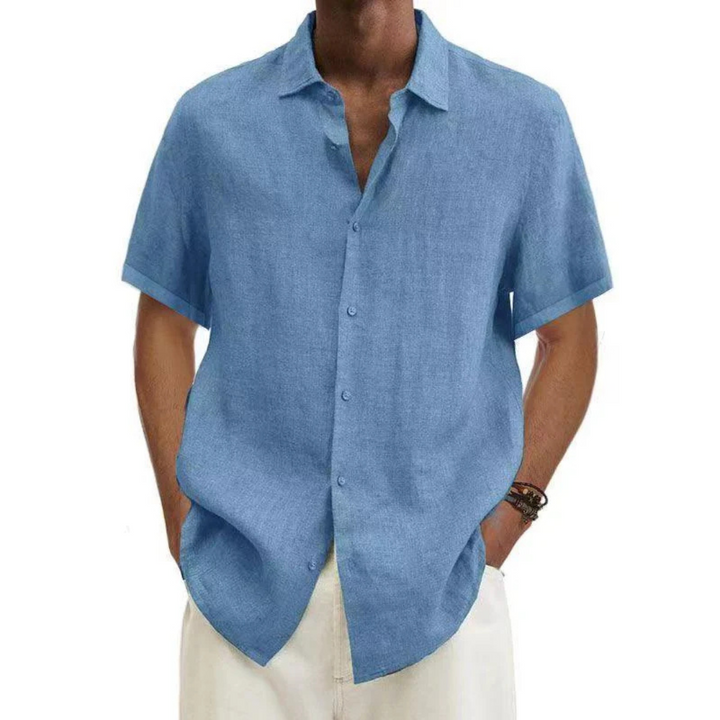 Short Sleeve Cotton Linen Shirt for Men Casual Summer Button Down