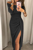 Women's Off-Shoulder Midi Dress Front Slit Ruched Summer Party Wear