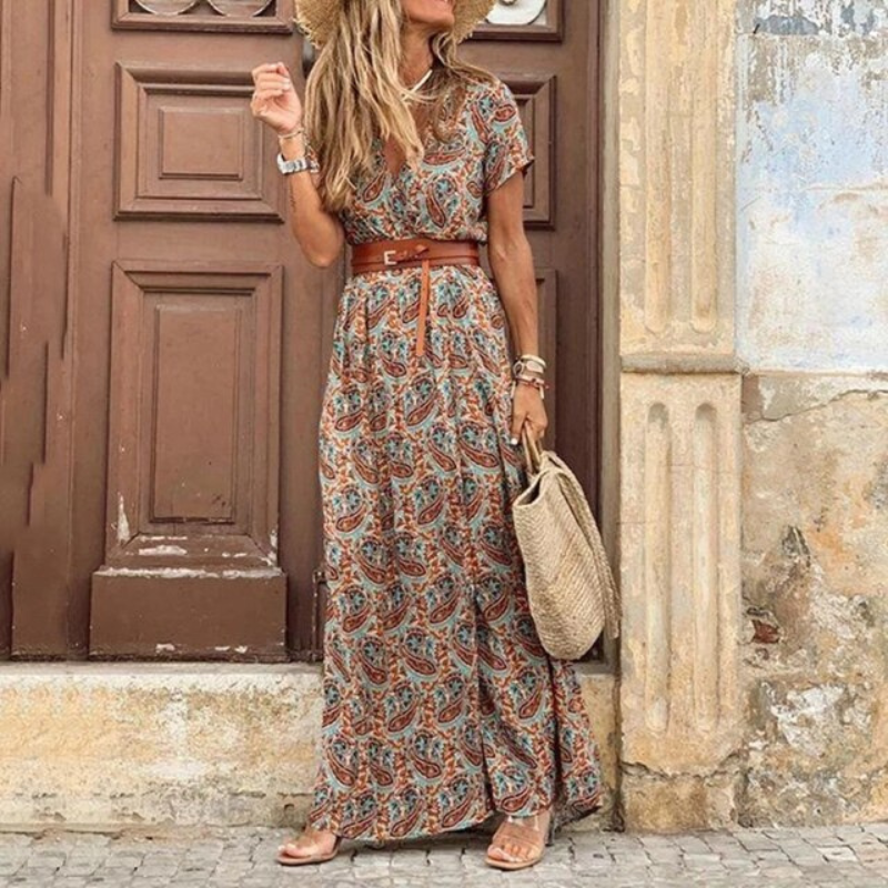 Women's Chiffon Floral Print V Neck Maxi Dress