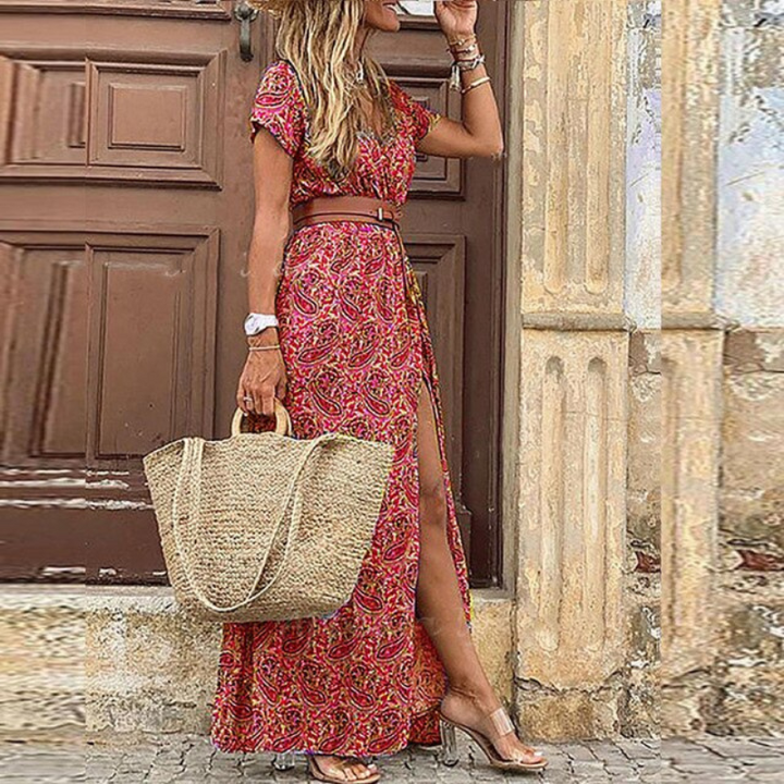 Women's Chiffon Floral Print V Neck Maxi Dress