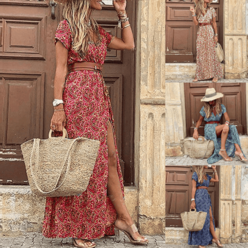 Women's Chiffon Floral Print V Neck Maxi Dress