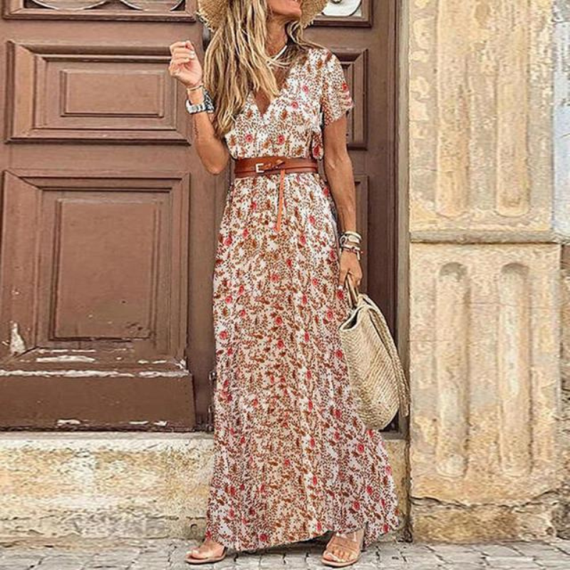 Women's Chiffon Floral Print V Neck Maxi Dress