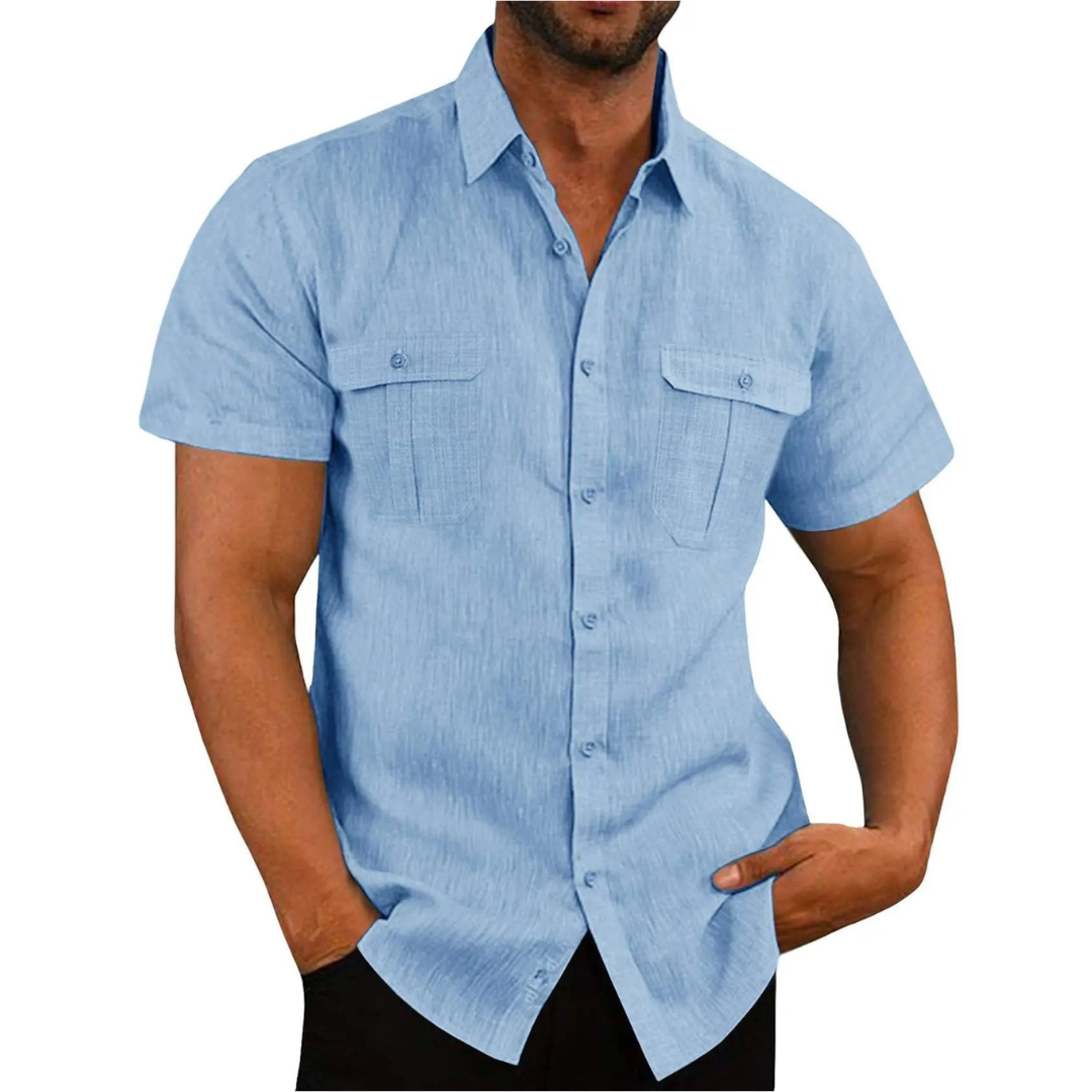 Men's Casual Linen Blend Short Sleeve Button Down Safari Shirt