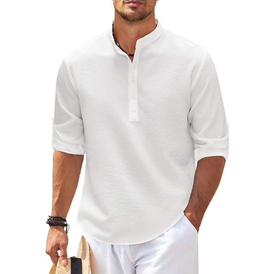 Men's Linen Henley Shirt Casual Lightweight Roll Up Sleeve Top
