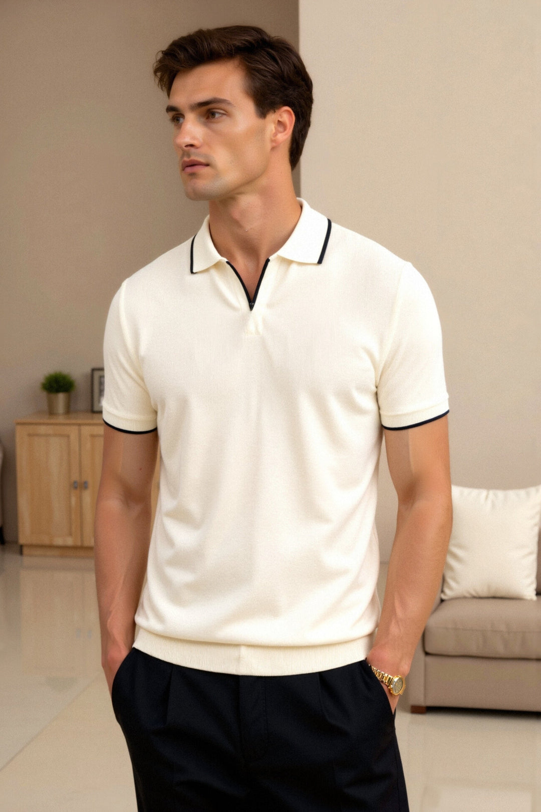 Men's Knit Polo Shirt Short Sleeve Open Collar Smart-Casual Top