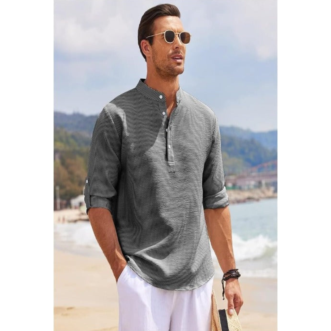 Men's Linen Henley Shirt Casual Lightweight Roll Up Sleeve Top
