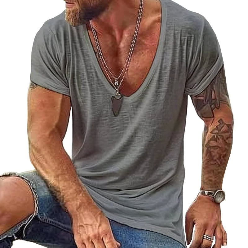 Men's Deep V-Neck Summer Lightweight Fleece T-Shirt