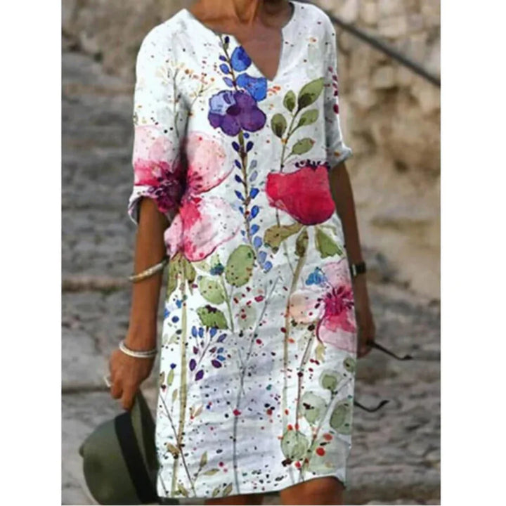 Women's Printed Linen Blend V-Neck Midi Shift Dress