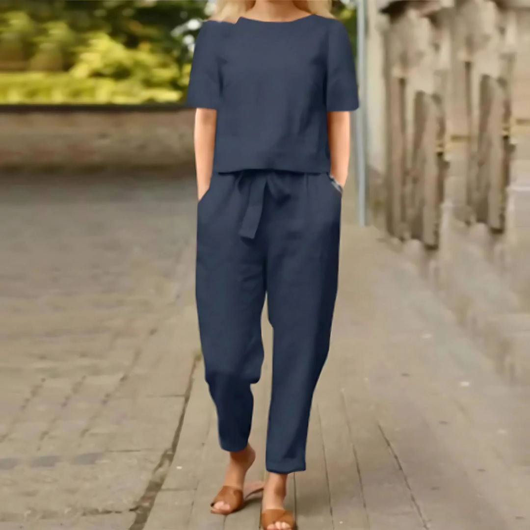 Women's Cotton Linen Short Sleeve Two-Piece Summer Set