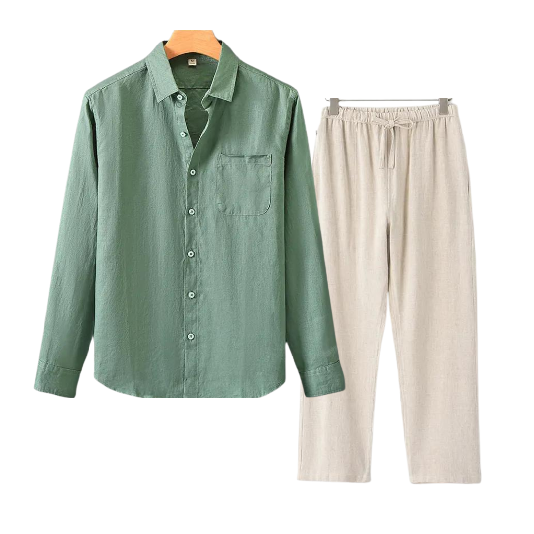 Men's Linen Shirt and Pants Set Summer Fashion Breathable Cotton Linen Outfit Set